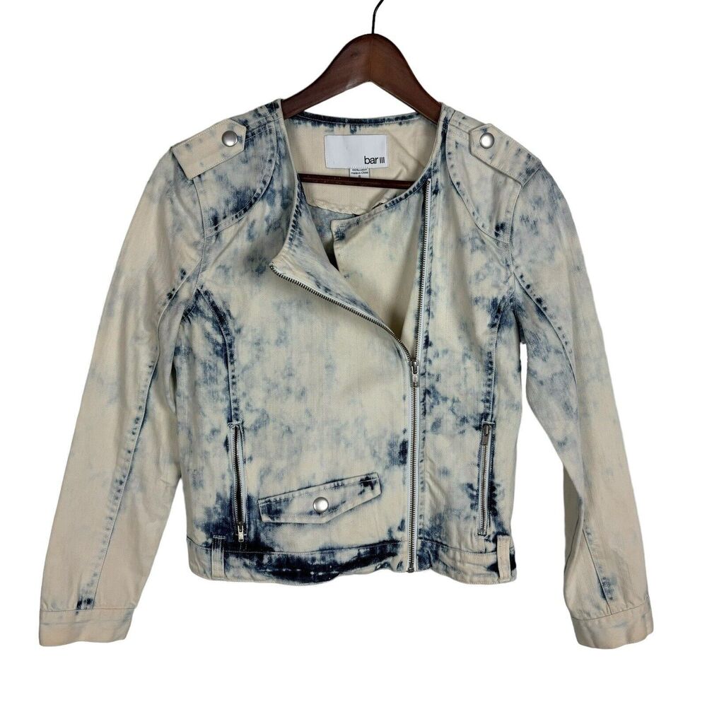 Bar III Acid Wash Denim Jean Moto Zip Jacket Women’s Size Small